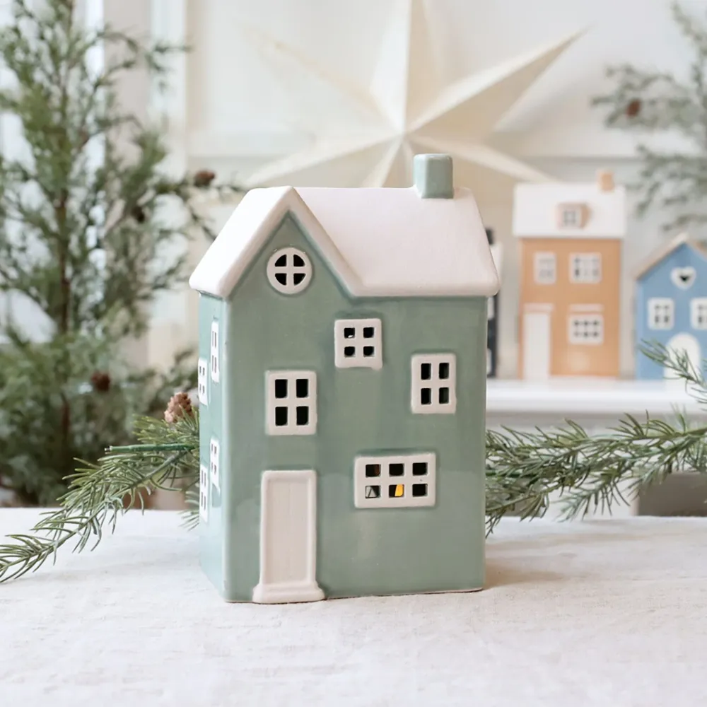 Chic Antique Lichthäuser, Keramik-Häuschen|Weihnachtsdeko-Chamonix Lichthaus 4 für Teelicht, verte