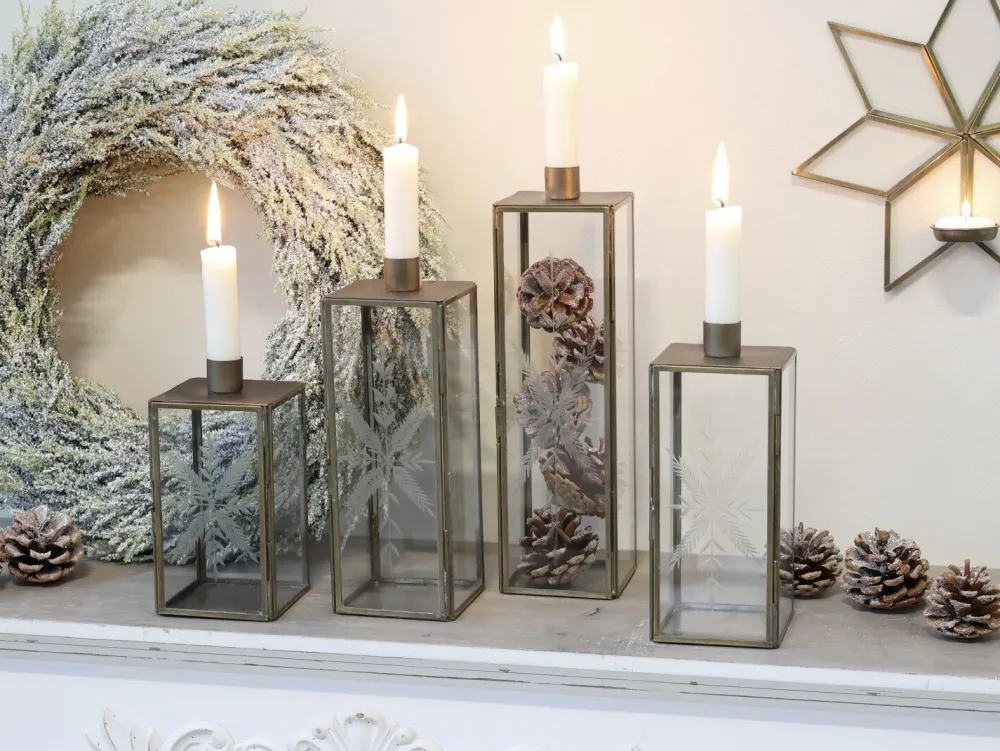Chic Antique Weihnachtsdeko|Kerzenhalter Für Stabkerzen-Kerzenständer Glas und Metall mit Schliff