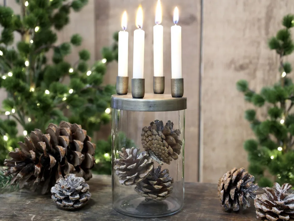 Chic Antique Weihnachtsdeko|Kerzenhalter Für Dünne Kerzen-Kerzenständer mit Glas mit 4 Haltern, Messinglook