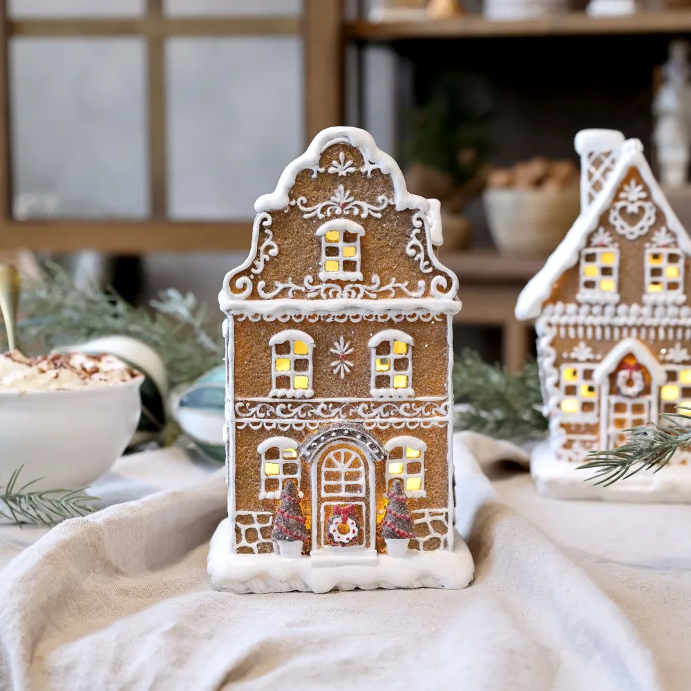 Chic Antique Led-Kerzen & Led-Laternen|Lichthäuser, Keramik-Häuschen-Noël Lebkuchenhaus Lichthaus mit LED
