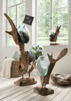 Faktorei Vasen-Deko-Wurzel mit Glasvase in Tropfenform Teak-Holz