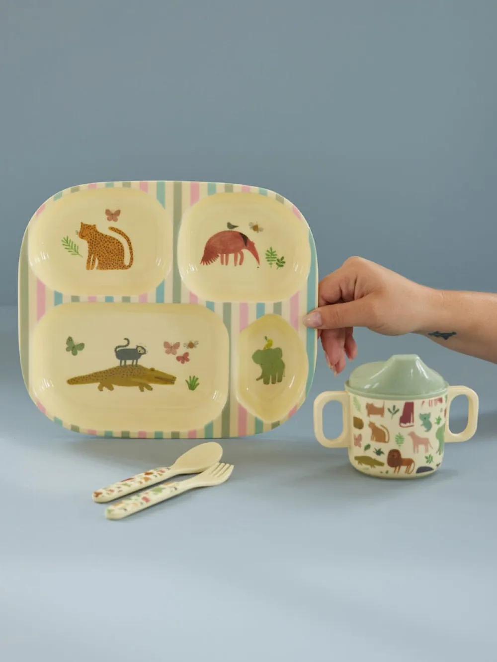 RICE Besteck|Teller-Melamin Baby-Geschirrset Crème Sweet Jungle Print