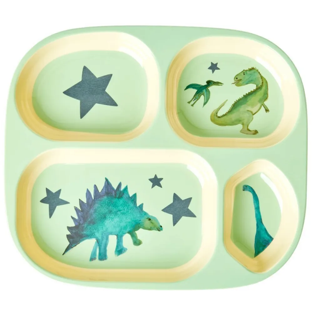 RICE Teller|Geschirr & Tischdeko Skandinavisch-Melamin Kinderteller mit 4er Einteilung Dinosaurs Print